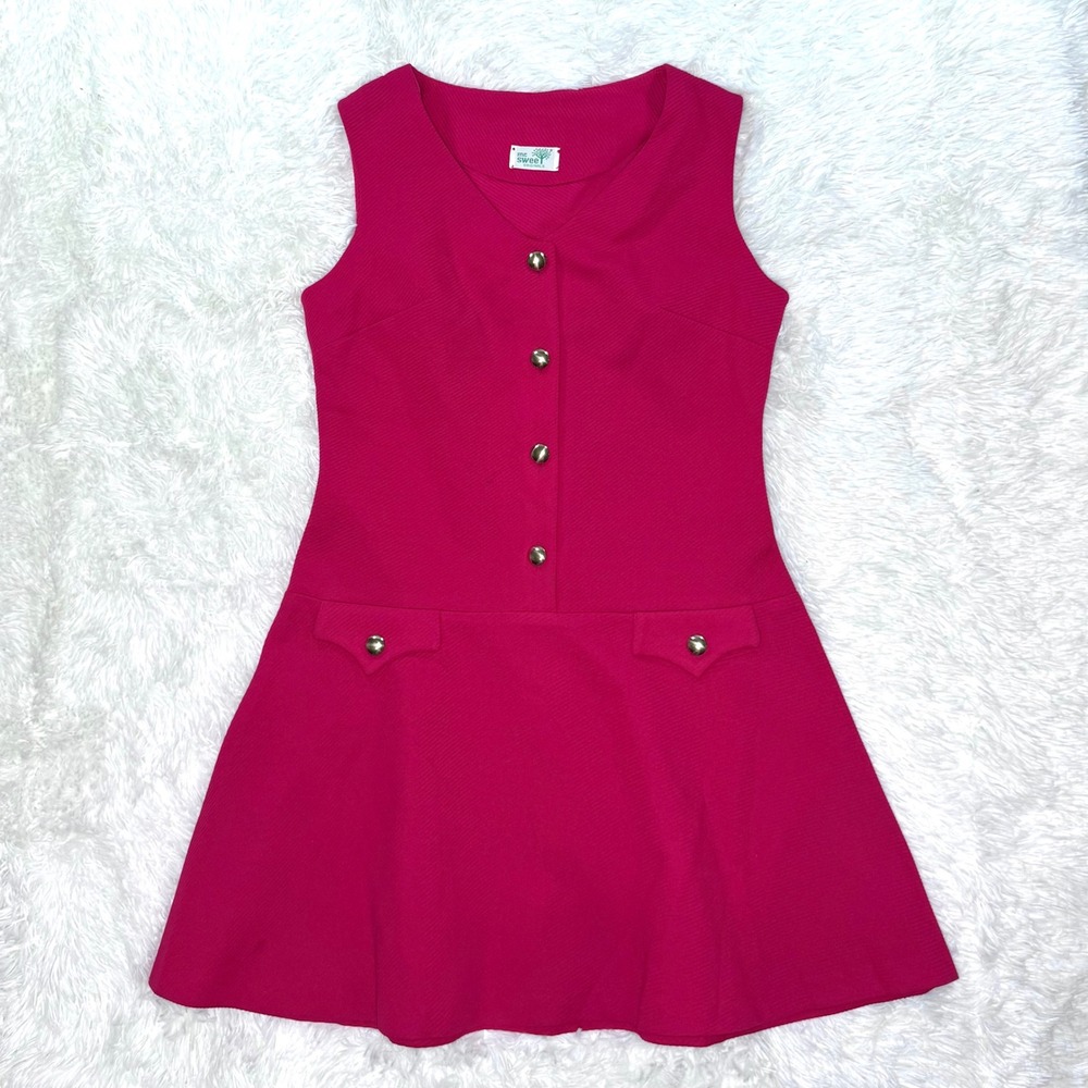 Vintage 60's Mr. Sweet Originals Size 14 Pink Mod Mini Dress‎ with Gold Buttons